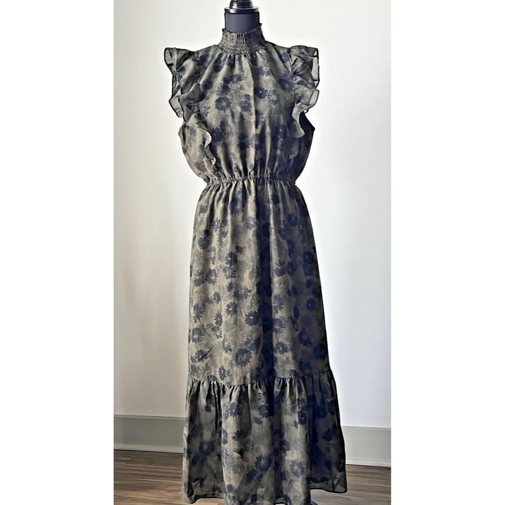 Steve Madden Boho Floral Maxi‎ Dress Olive Green Smocked Neck Garden Party  Sz L